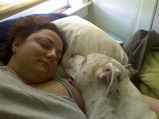 Lily and I taking a morning snooze -- Lily with her head NOT in my armpit for once!